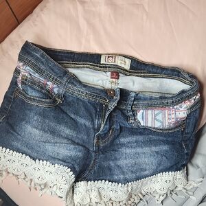 LEI Blue Jean Shorts with White Lace Trim